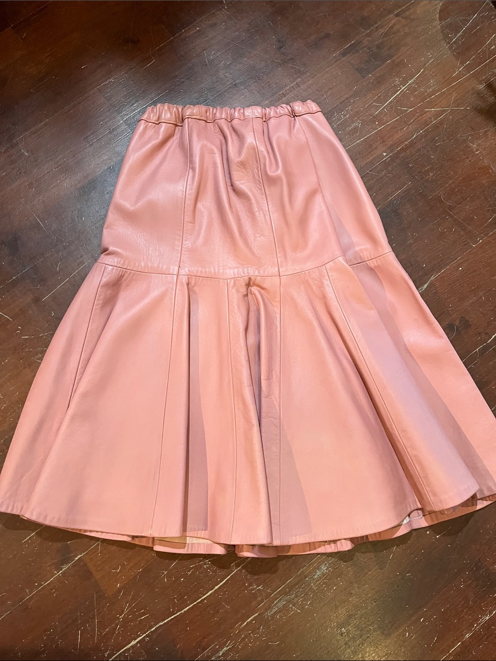 Vintage Bettina Dusty Rose Leather A-Line Midi Skirt with Flared Panels